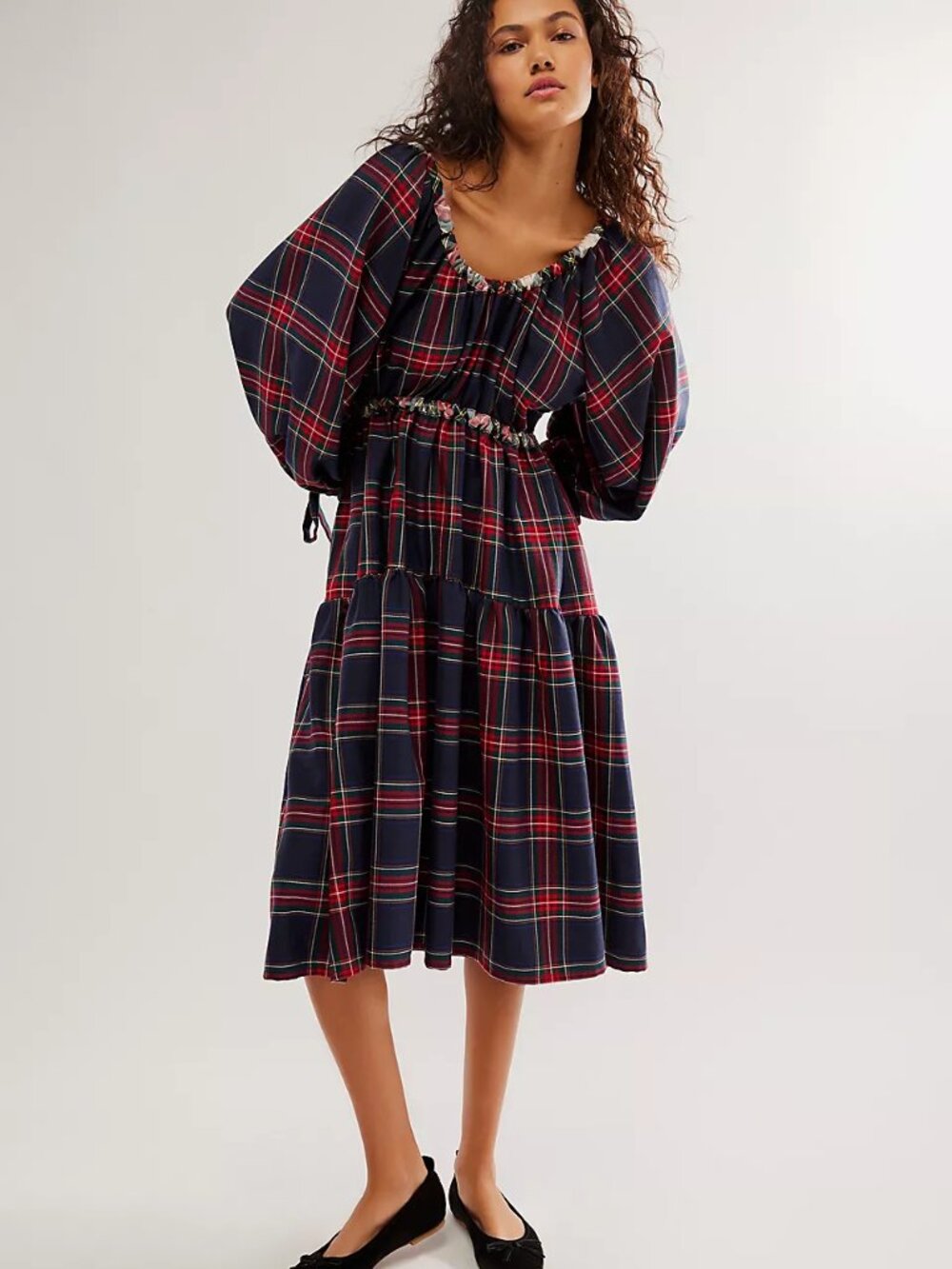 ELIZA FAULKNER Free People Josie dress navy plaid tiered midi Puff Sleeve Bows